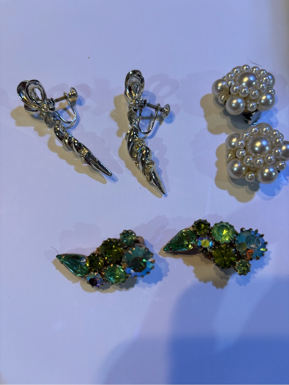 Silver-Tone Green Crystal Cluster Clip-On Earrings - Unbranded 3 pairs